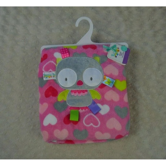 Taggies Pink Owl Baby Blanket Gray Green Hearts White Plush Soft Lovey